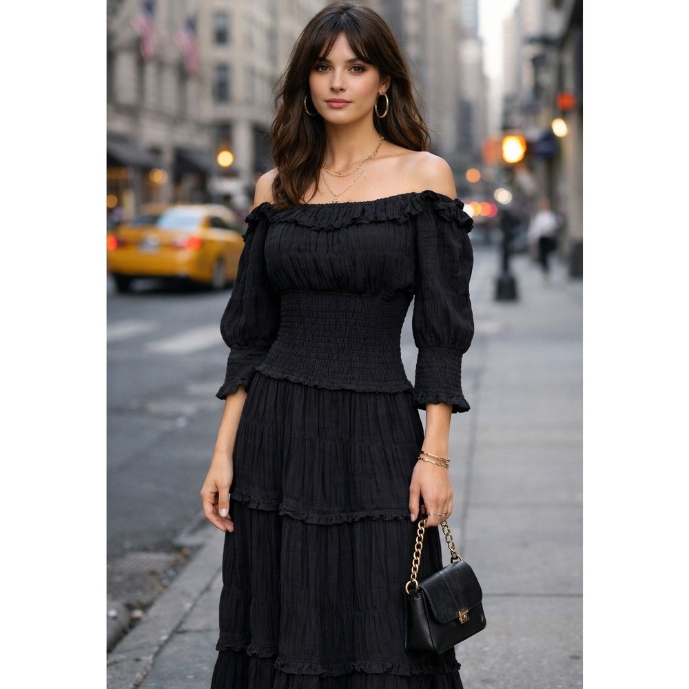 BB Dakota Steve Madden Textured Gauze Smocked Milkmaid Tiered Maxi Dress Black S